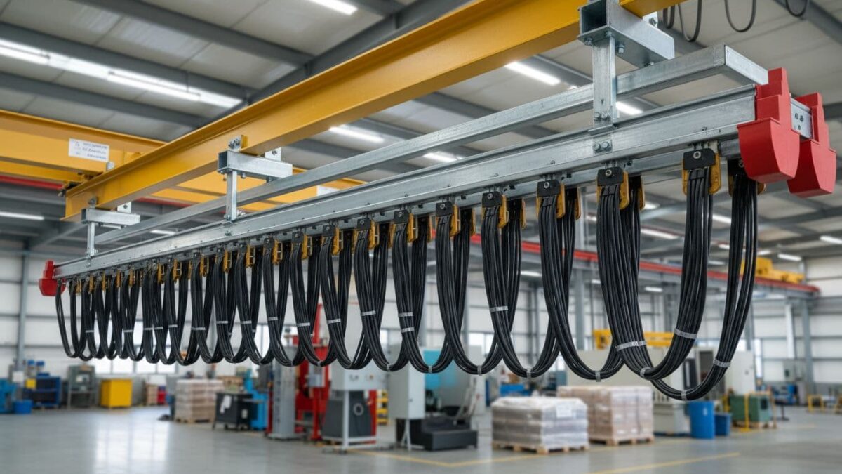 Overhead cable system in a factory with multiple black cables hanging from a yellow beam above a work area.