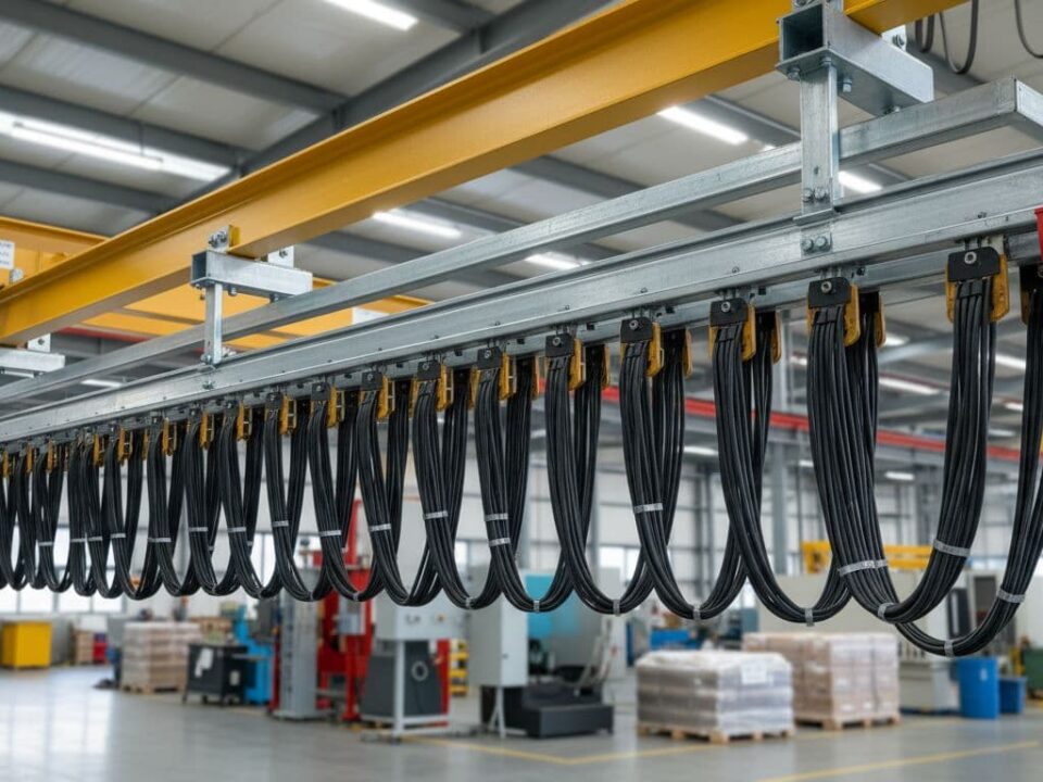 Overhead cable system in a factory with multiple black cables hanging from a yellow beam above a work area.