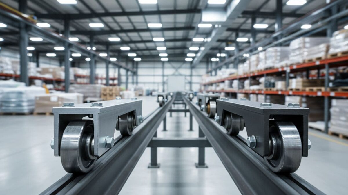 Conveyor rollers running along a metal track in a large warehouse aisle with shelves and pallets in the background (informative)