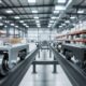 Conveyor rollers running along a metal track in a large warehouse aisle with shelves and pallets in the background (informative)