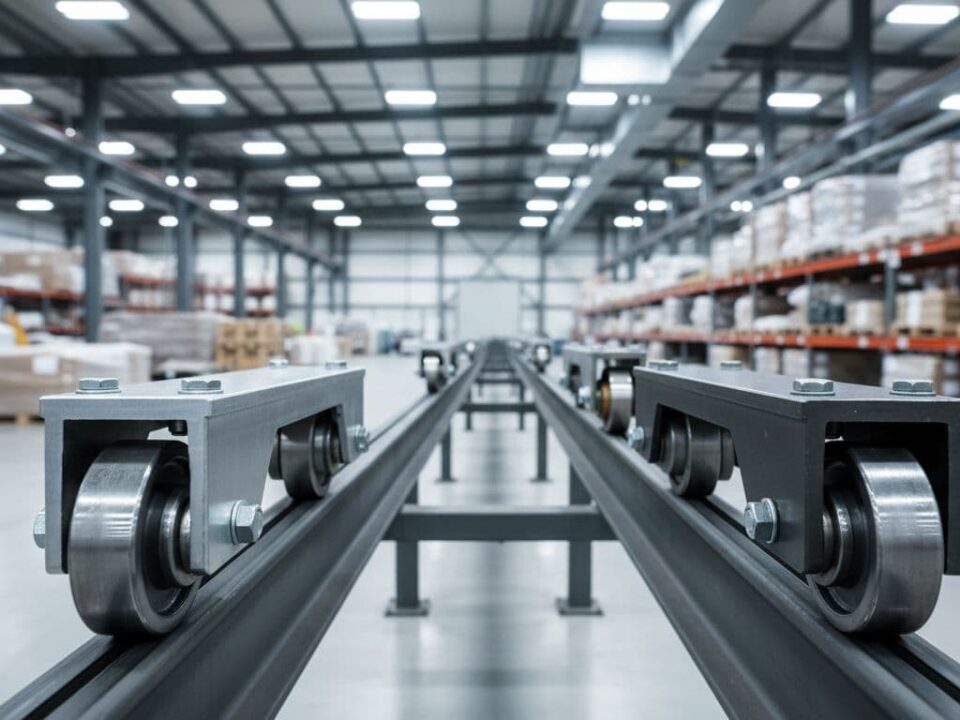 Conveyor rollers running along a metal track in a large warehouse aisle with shelves and pallets in the background (informative)